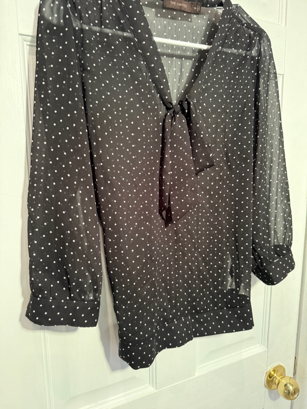 The Limited XS Sheer Polka Dot Blouse Tie Neck Chic Office Top - Picture 5 of 14